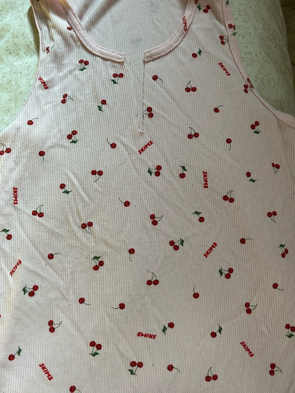 SKIMS Light Pink Ribbed Tank with Red Cherry Print